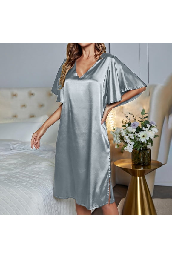 Solid Color Female Ice Silk Nightdress Summer Short Sleeve Women's Gown Nylon Night Shirts Night Shirts Women Sleepwear plus Womens Duster Pant Set