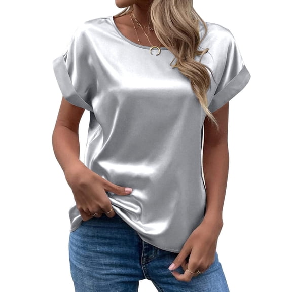 SHITINN Spring and Summer Women's Short Sleeved Satin Shirt Loose Casual Round Neck T Shirt Cute Short Sleeve Tops for Women Womens Summer Tops Casual Shirt Women