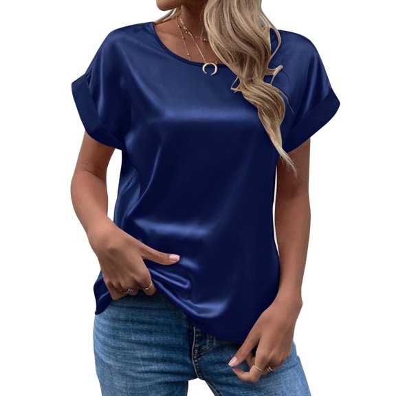 SHITINN Spring and Summer Women's Short Sleeved Satin Shirt Loose Casual Round Neck T Shirt Womens Short Sleeve Blouses Summer Tops for Women 2025 Womens Clothing