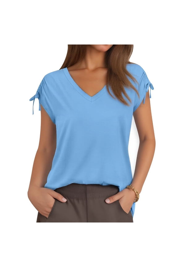 Spring and Summer New Border European and Clothing Hot Style Solid Color V Neck Short Sle Womens T Shirts Short Sleeve Tops Summer Shirts