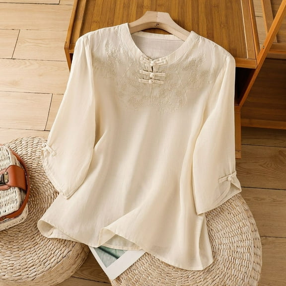 SHITINN Stylish Women's T Shirts with Elegant Embroidery for Everyday Wear Classic Round Neck Des Women's T Shirts Short Sleeve Womens Tops Tunic Tops