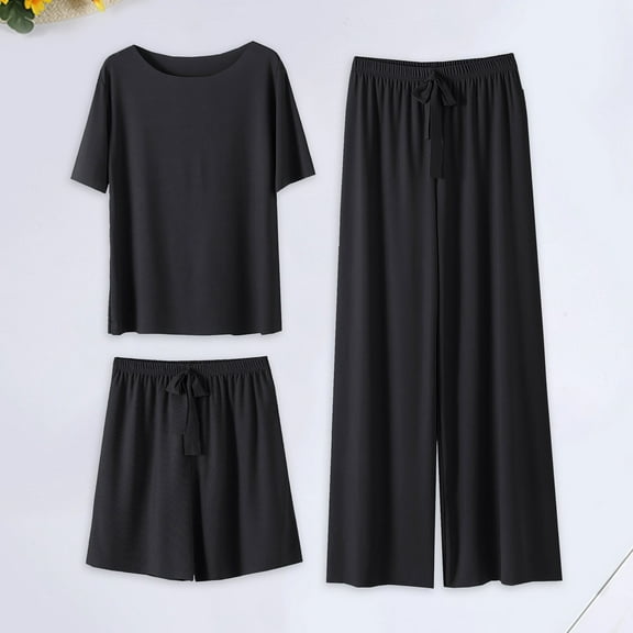 SHITINN Summer New Ice Silk Pajamas Set Women's Short Sleeved Shorts Wide Leg Pants Solid Color Home Three Piece Set Can Be Worn Loosely Pajama Set Long Sleeve Pajamas Women Soft Pajamas Dresses