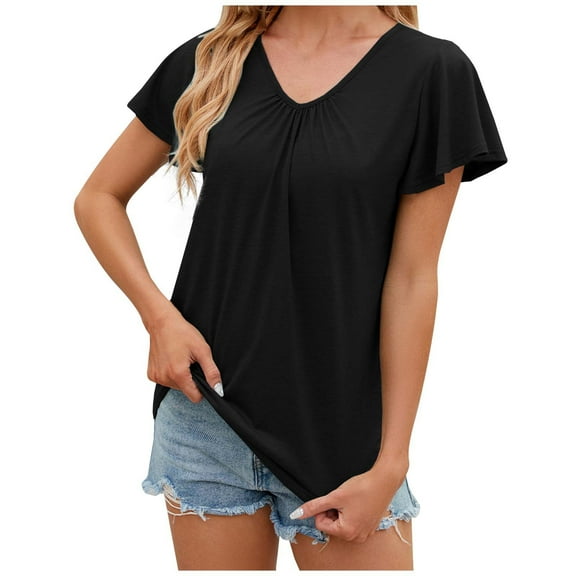 SHITINN "Summer Solid Color V Neck Pleated Flowy Short Sleeve T Shirt for Women Casual Loose Fit Short Sleeve Blouses Womens Summer Blouses Women's Tops