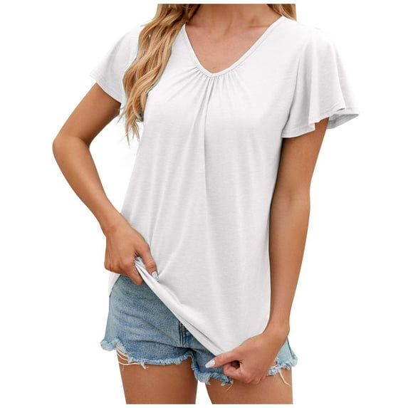 SHITINN "Summer Solid Color V Neck Pleated Flowy Short Sleeve T Shirt for Women Casual Loose Fit Women's Short Sleeve Tops Summer Tops for Women 2025 Women's Shirts