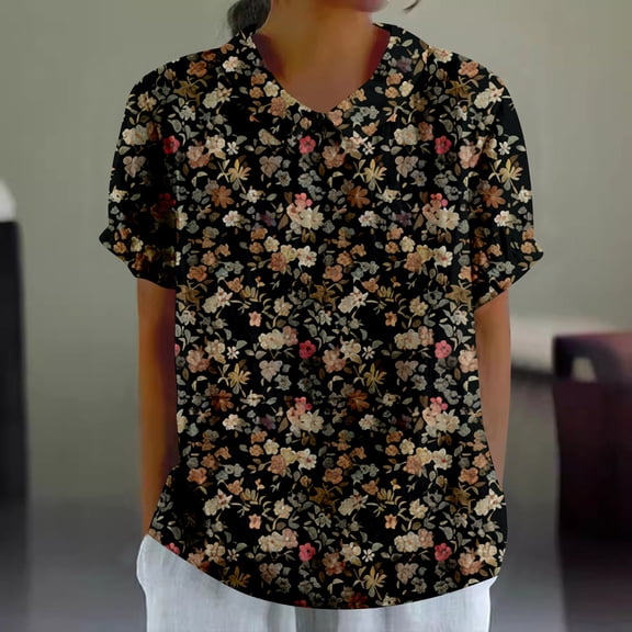 SHITINN Summer Women's Elegant Floral Print Loose Blouse with Classic Collar Retro Casual T Shirt T-Shirts for Women Womens Summer Tops Short Sleeve Women Summer Outfits