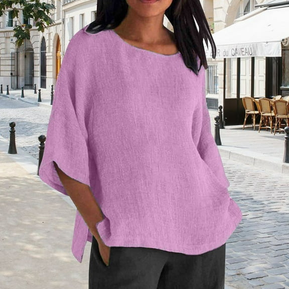 SHITINN Summer Womens 3 Of 4 Sleeve Crew Neck Floral Printed Loose Top T Shirts Casual Linen Tuni Women's Short Sleeve Tops Womens T-Shirts Women Summer Top