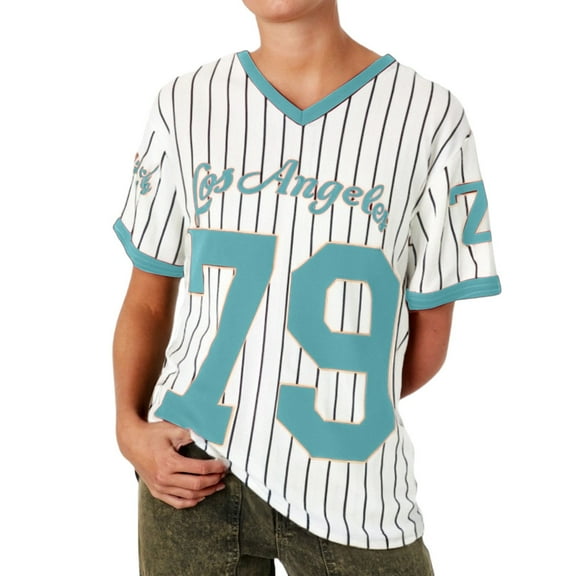 SHITINN T Shirts Women Ladies Casual Loose Fit Street Style Graphic V Neck Short Sleeve T Shirt with Sporty Stri Womens Short Sleeve Shirts Cute Summer Tops