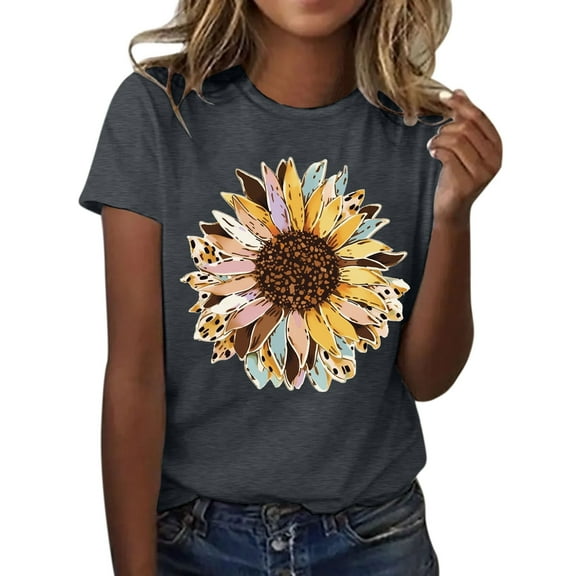 SHITINN T Shirts for Women Womens Fashionable Sunflower Printed Round Neck Short Sleeved Sports Casual T Shirt Womens Short Sleeve Tops Womens Tees Loose Fit