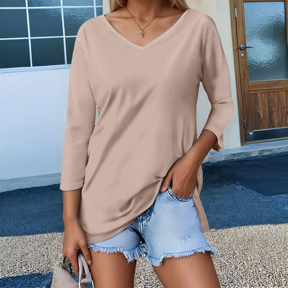 SHITINN T-Shirts for Women Women's Solid Color V Neck Regular Fit 3/4 Sleeve T Shirt Top for Casual Wear Short Sleeve Tops Women Summer Tops