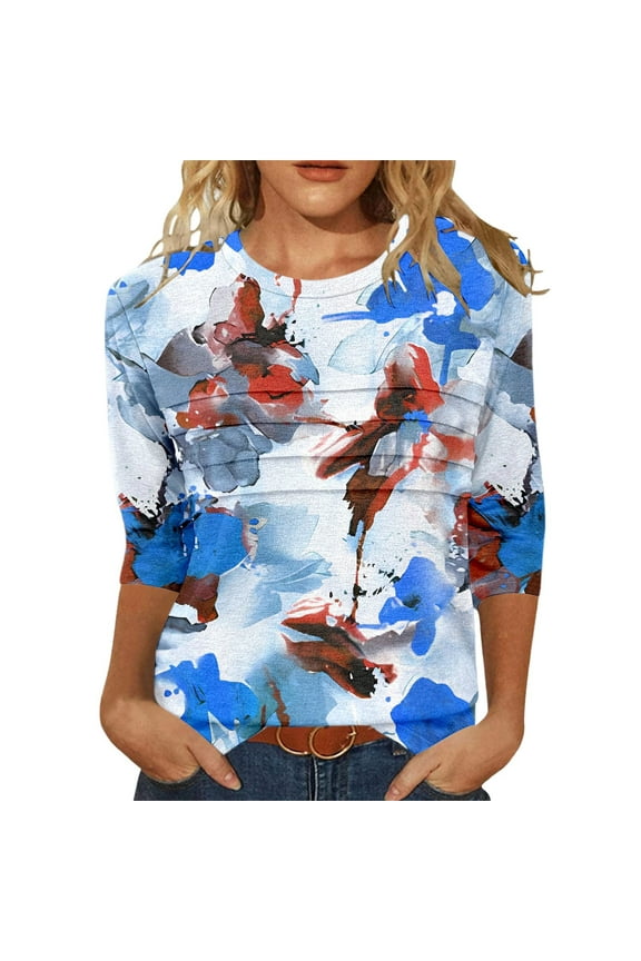 Trendy Women's T Shirts for Everyday Wear Casual Round Neck 3/4 Sleeve Tee with Stylish P Women's Shirts Women's Short Sleeve Tops Fashion Clothing