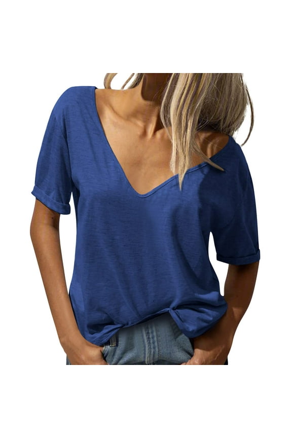 Tshirts Shirts for Women Women's Fashion Deep V Neck Short Sleeve Top Solid Color Casual Loose Basic T Shirt Short Sleeve Blouses Lightweight Tops & Blouses