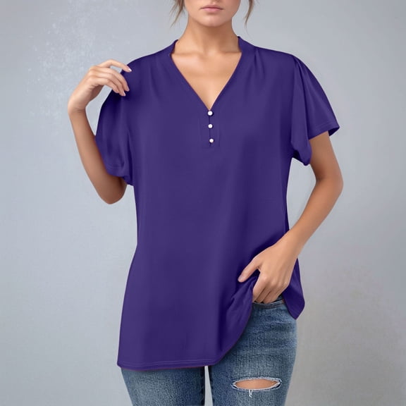 SHITINN V Neck Button Up Solid Color Casual T Shirt Women's Blouses Short Sleeve Tops for Women Women's Clothing