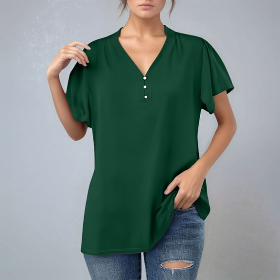 SHITINN V Neck Button Up Solid Color Casual T Shirt Women's Tops Womens Short Sleeve Blouses Summer Tops for Women 2025