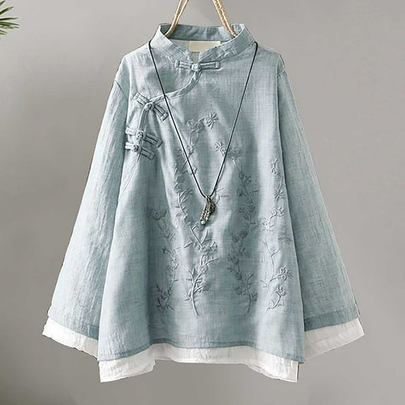 SHITINN Vintage Embroidered Button Down Linen Shirt for Women Chinese Zen Tea Apparel Loose Fit C Womens Blouses Casual Womens Short Sleeve Shirts Women Clothing