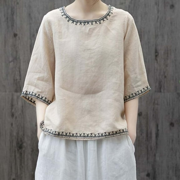 SHITINN Vintage Embroidered Linen Round Neck Short Sleeve T Shirt for Women Loose Fit Summer Top Shirt Women Short Sleeve Shirts for Women Summer Fashion Women
