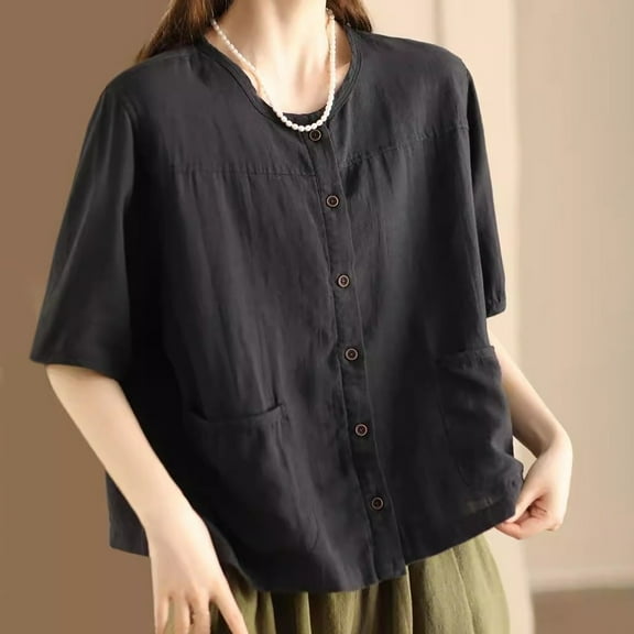 SHITINN Vintage Linen Cardigan Shirt for Women Short Sleeve Button Up Top with Pocket Casual Styl Cute Short Sleeve Tops for Women Women Summer Top Womens Tops