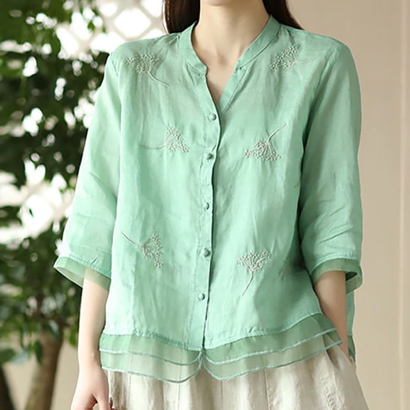 SHITINN Vintage Linen Embroidered Cardigan Shirt for Women Design Slim Fit Blouse with Patchwork Short Sleeve Blouses Ladies Tops and Blouses Tee Shirts Womens