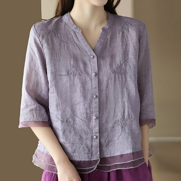 SHITINN Vintage Linen Embroidered Cardigan Shirt for Women Design Slim Fit Blouse with Patchwork Short Sleeve Tops Women's Summer Tops Womens Shirts