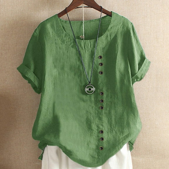 SHITINN Womans Tops Lady Fashion Women Vintage O-Neck Floral Button Shirt Short Sleeves Top Blouse Cute Short Sleeve Tops for Women Cute Summer Tops