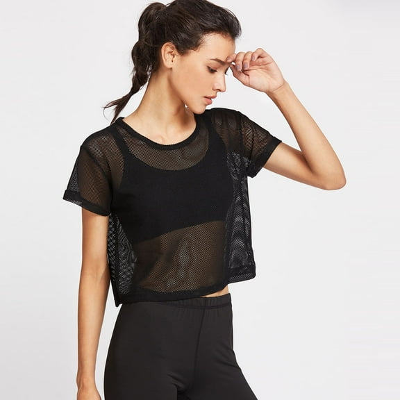 SHITINN Women Black Mesh Cover Up Sports Meshed Top Dancing Fitness Shirt Tops Women Short Sleeve Tops Summer Tops for Women 2025 T Shirts for Women