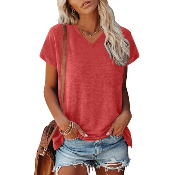 SHITINN Women Cap Sleeve Summer Casual Tops V Neck Solid Color Casual Shirts Loose Fit Blouse Short Sleeve Blouses Spring Tops for Women Women Tshirts