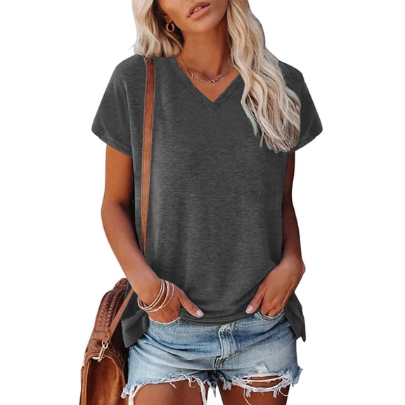 SHITINN Women Cap Sleeve Summer Casual Tops V Neck Solid Color Casual Shirts Loose Fit Blouse Short Sleeve Blouses for Women Women Summer Outfits Shirt for Women