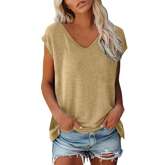 SHITINN Women Cap Sleeve Summer Casual Tops V Neck Solid Color Casual Shirts Loose Fit Blouse Womens Short Sleeve Shirts Summer Tops Womens Basic Tops