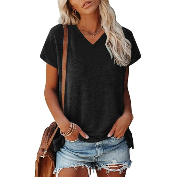 SHITINN Women Cap Sleeve Summer Casual Tops V Neck Solid Color Casual Shirts Loose Fit Blouse Womens Tops Short Sleeve Womens Summer Shirts Womens Clothes