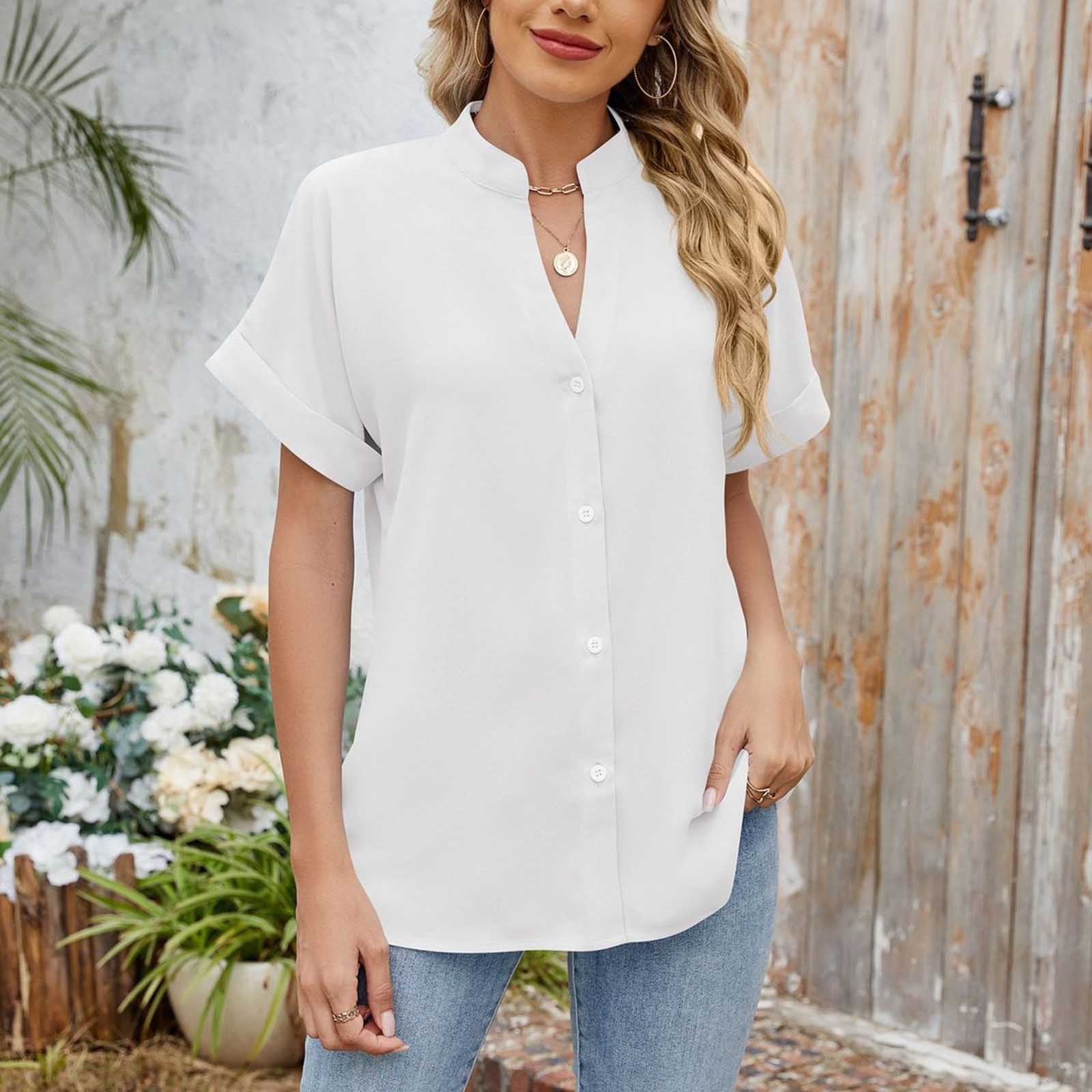 Women Casual Fashion Solid V Neck Short Sleeve Button Loose Shirt Blouse Top Womens Blouses Womens Short Sleeve Shirts Clothes for Women