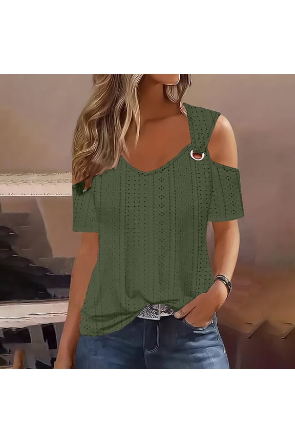 Women Casual Short Sleeve Solid Color Shirts Tops Summer Neck Flower Slim Fitted Tee Shir Womens Tops Short Sleeve Summer Fashion Women Women's T Shirts