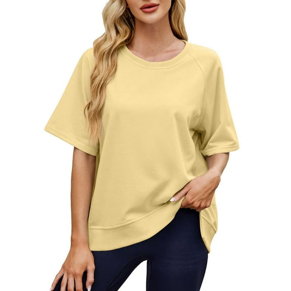 SHITINN Women Crew Neck Half Sleeve Sweatshirt Tops Summer Loose Elbow Length Tee Shirts Business Women Shirts Short Sleeve Blouses for Women Womens Summer Tops Casual
