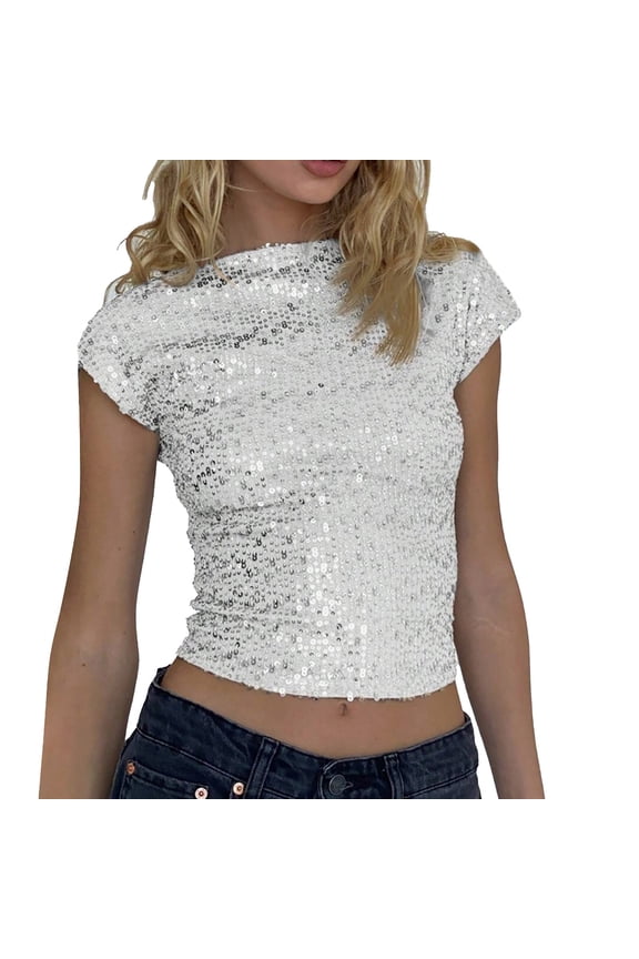 Women Fashion Solid T Shirt Backless Sequin Round Neck Short Sleeved Slim Fit Top Womens Tops Short Sleeve Tunic Tops for Women Summer Tops for Women 2025