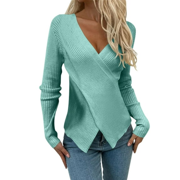 SHITINN Women Fashion V Neck Long Sleeve Solid Color Pullover Sweater Knitting Top Short Sleeve Tops for Women Summer Fashion Women Tops for Women