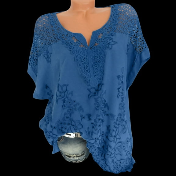 SHITINN Women Lace Hollow Lace V-Neck Embroidered Short-Sleeved Bat Shirt Top Short Sleeve Shirts for Women Summer Shirts Tee Shirts Womens