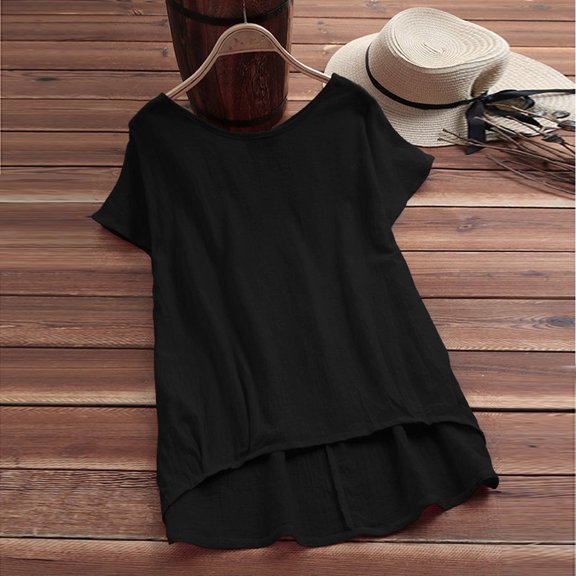 SHITINN Women Lady Linen Solid T-Shirt Casual Plain Loose Blouse Shirt Asymmetrical Tops Short Sleeve Tops for Women Womens Clothing Tunic Tops
