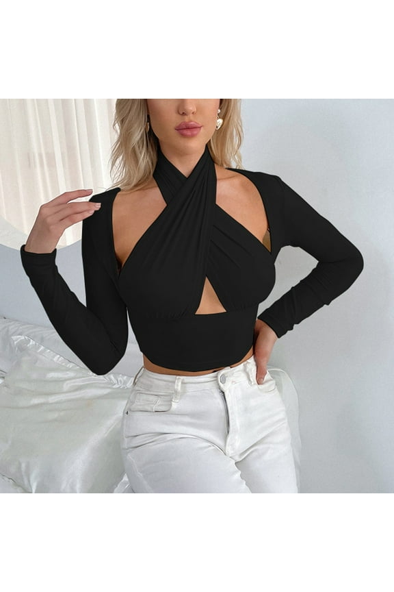 Women Neck Crop Vest Tops Long Sleeve Front Cutout Wrap Tops Solid Color Buckle Tops Short Sleeve Blouses Cute Summer Tops Women Shirts Casual