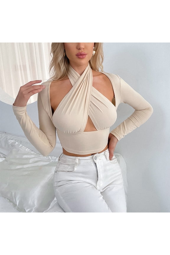 Women Neck Crop Vest Tops Long Sleeve Front Cutout Wrap Tops Solid Color Buckle Tops Short Sleeve Womens Tops Womens Summer Blouses Women Blouses