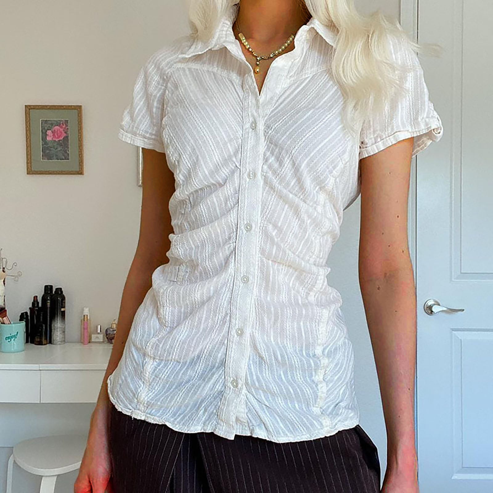 Men's Cropped Plaid Button Down Shirt | Short Sleeve Retro Preppy Top | Number Graphic & Loose Fit