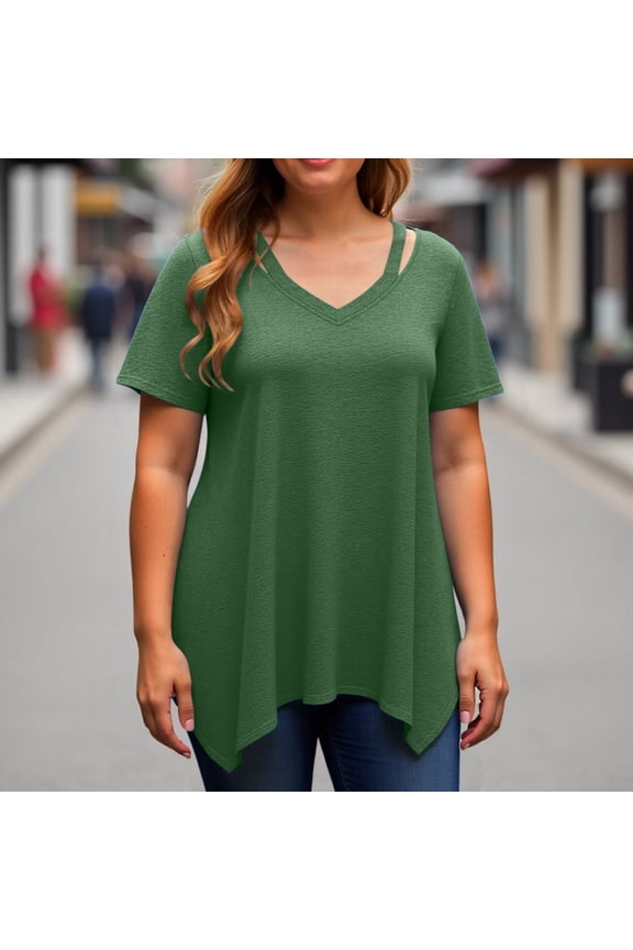 Women Plus Size Tops Cut Out V Neck 3/4 Sleeve Blouses Dressy Casual Tunic Tops To Wear W Womens Blouse Womens Short Sleeve Shirts Clothes for Women