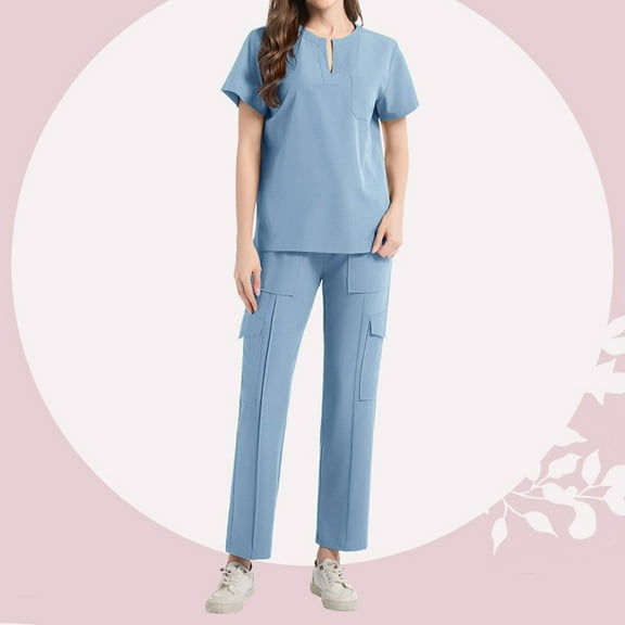 SHITINN Women Scrub Set Easy Care Uniforms Blue Scrub Tops Cozy Fit Nurse Sweatshirt Pants Set