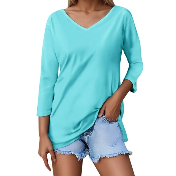 SHITINN Women Shirts Women's Solid Color V Neck Regular Fit 3/4 Sleeve T Shirt Top for Casual Wear Short Sleeve Womens Tops Women's Tops, Tees & Blouses