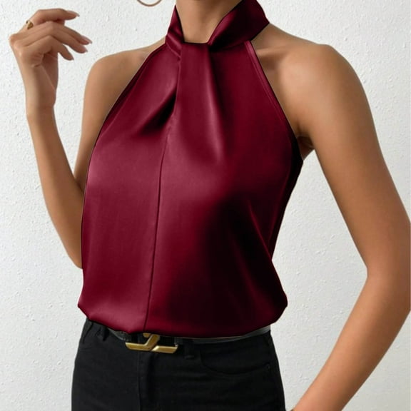 SHITINN Women Silk Satin Casual Sleeveless Neck Tank Top Summer Curved Hem Lightweight Dressy Blouses Shirt Fitted Muscle Women Womens Swim Tops Womens Tops Pack Low Cut Top Women Dressy Cardigan