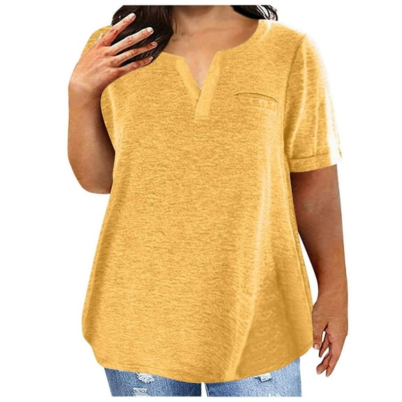 SHITINN Women Solid Color Large Size Loose V Neck Pocket Short Sleeved Casual T Shirt Top Womens Tops Short Sleeve Summer Shirts Women Women's Tops