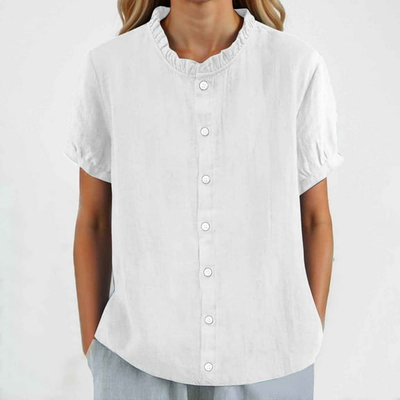 SHITINN Women Solid Round Neck Casual Stand Up Collar Button Short Sleeve T Shirt Top Women's Blouses Short Sleeve Tops for Women Summer Fashion Women