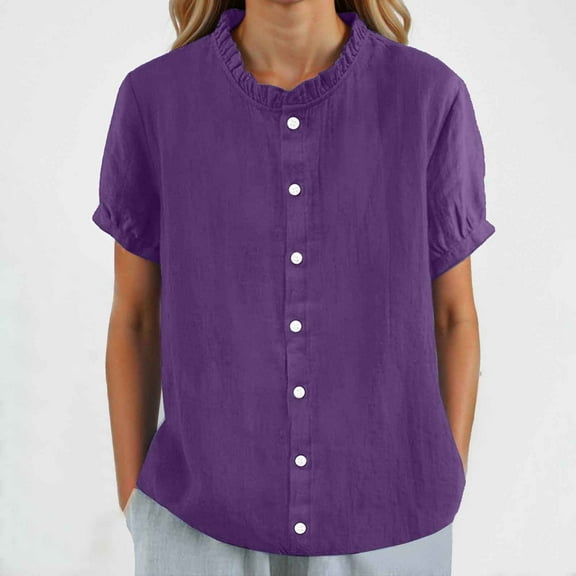 SHITINN Women Solid Round Neck Casual Stand Up Collar Button Short Sleeve T Shirt Top T-Shirts for Women Womens Summer Tops Short Sleeve Summer Tops