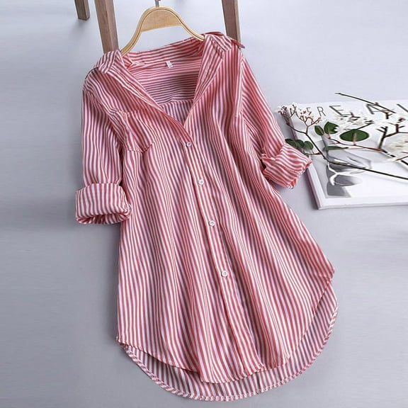 SHITINN Women Stripe Long Sleeve Turn-down Collar Button Loose Top Shirts Blouse Womens Summer Tops Short Sleeve Womens Clothing Summer Shirts Women