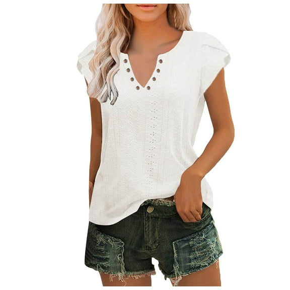SHITINN Women Summer Casual Solid Color Shirt V Neck Short Sleeved T Shirt Top Hollowed Out Top Womens Short Sleeve Shirts Summer Shirts Womans Tops