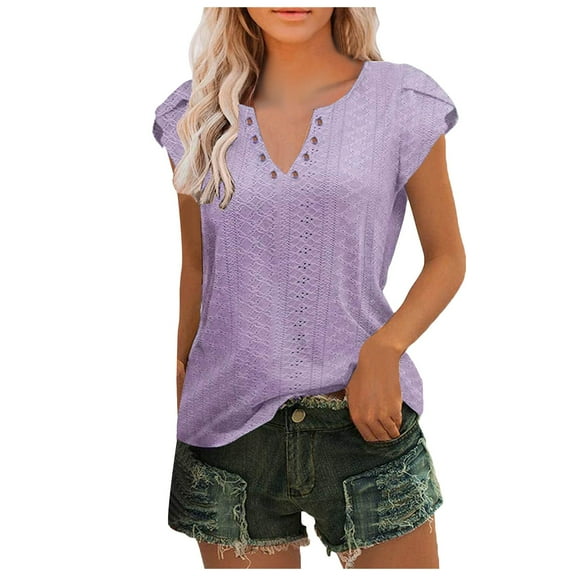 SHITINN Women Summer Casual Solid Color Shirt V Neck Short Sleeved T Shirt Top Hollowed Out Top Short Sleeve Tops for Women Clothes for Women Womens Shirt