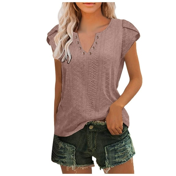 SHITINN Women Summer Casual Solid Color Shirt V Neck Short Sleeved T Shirt Top Hollowed Out Top Short Sleeve Tops Womens Summer Tops T-Shirts for Women
