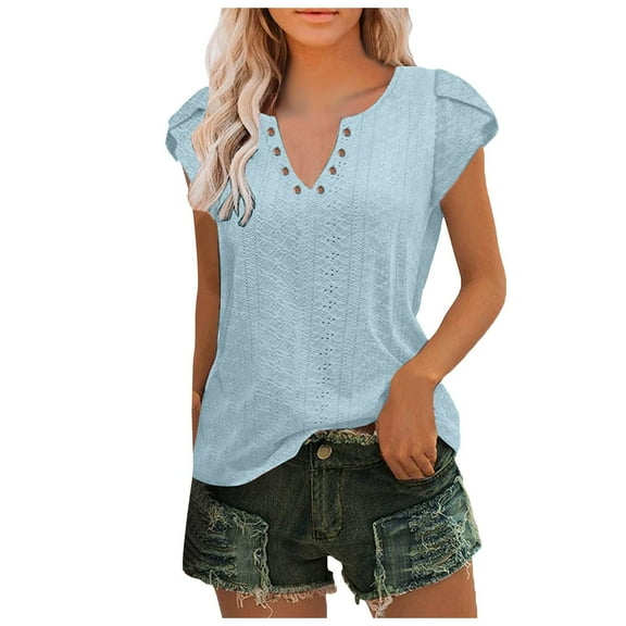 SHITINN Women Summer Casual Solid Color Shirt V Neck Short Sleeved T Shirt Top Hollowed Out Top Short Sleeve Tunic Tops for Women Summer Shirts for Women Woman Shirts
